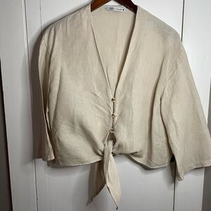 Zara Linen Cream Tie-Front V-Neck Blouse Size S